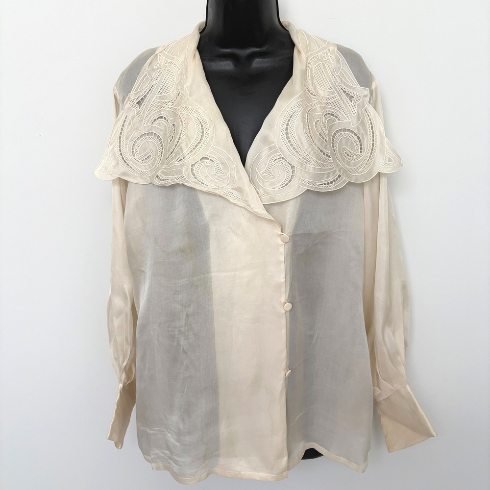 Paul Alexander Vintage Blouse Lace Statement Collar Cream Sheer Small